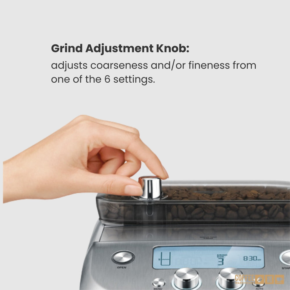 Breville the Grind Control™ Grinder has 6 settings that can be controlled through a knob