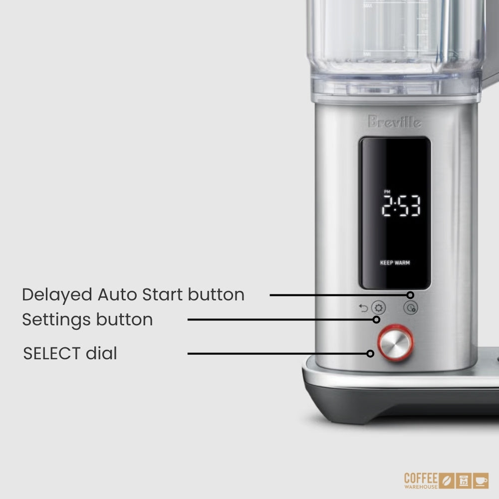 Breville the Luxe Brewer™ Glass Buttonns explained: from left to right: 1. Setting Button 2. Delayed auto start button 3. Select dial ( knob)