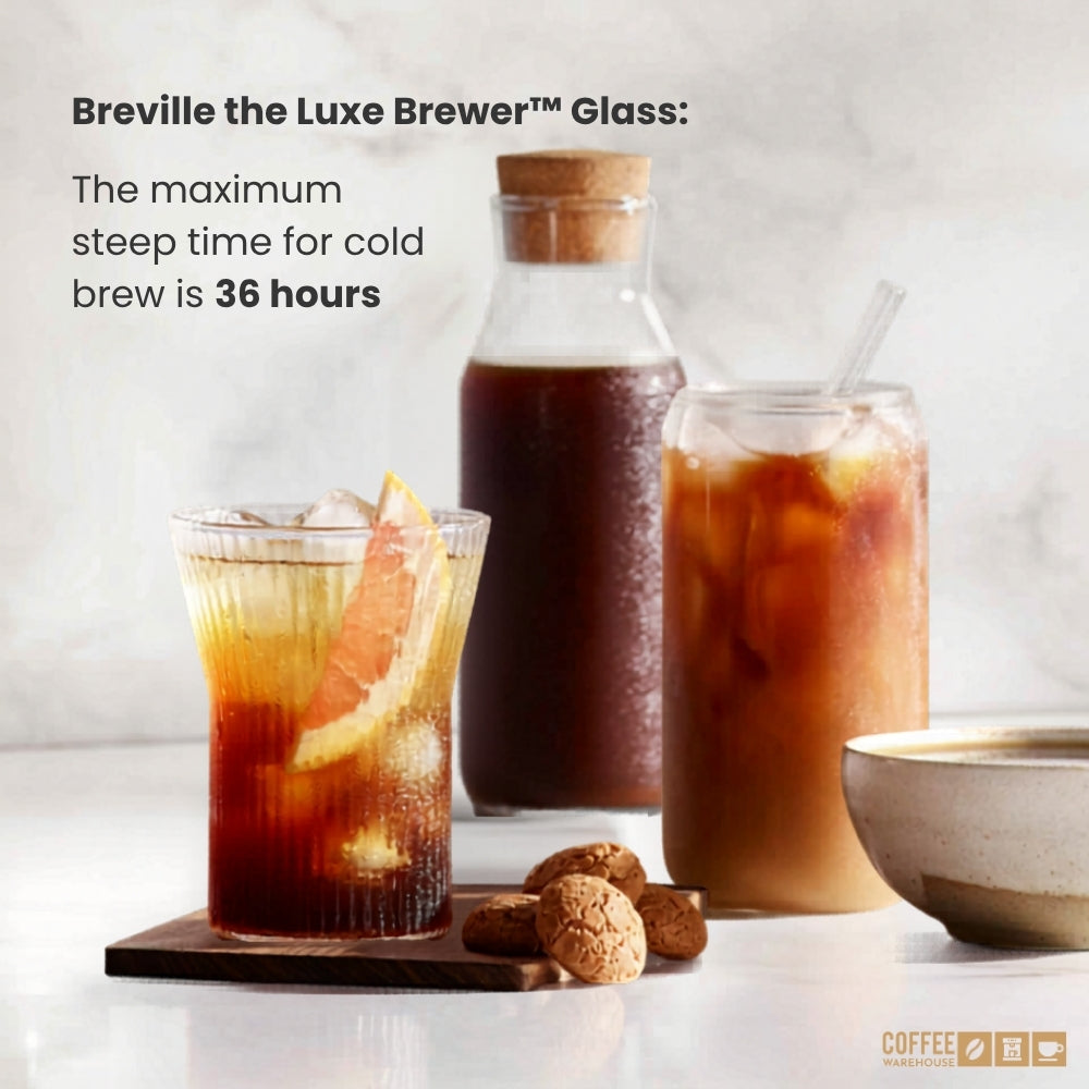 Breville the Luxe Brewer™ Glass Maximum steem time for cold brew is 36 hours