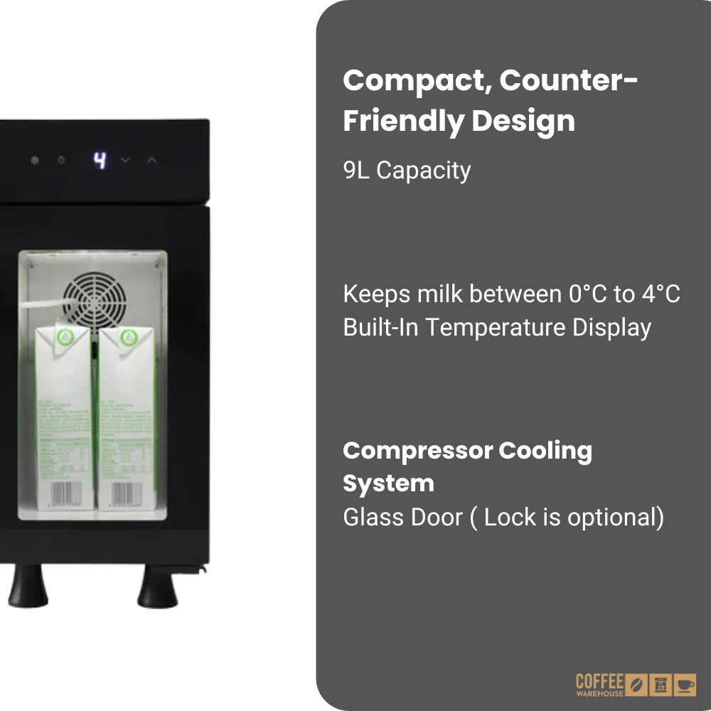 Coffee Machine Mate Milk Cooler has 9L capacity and compressor cooling system