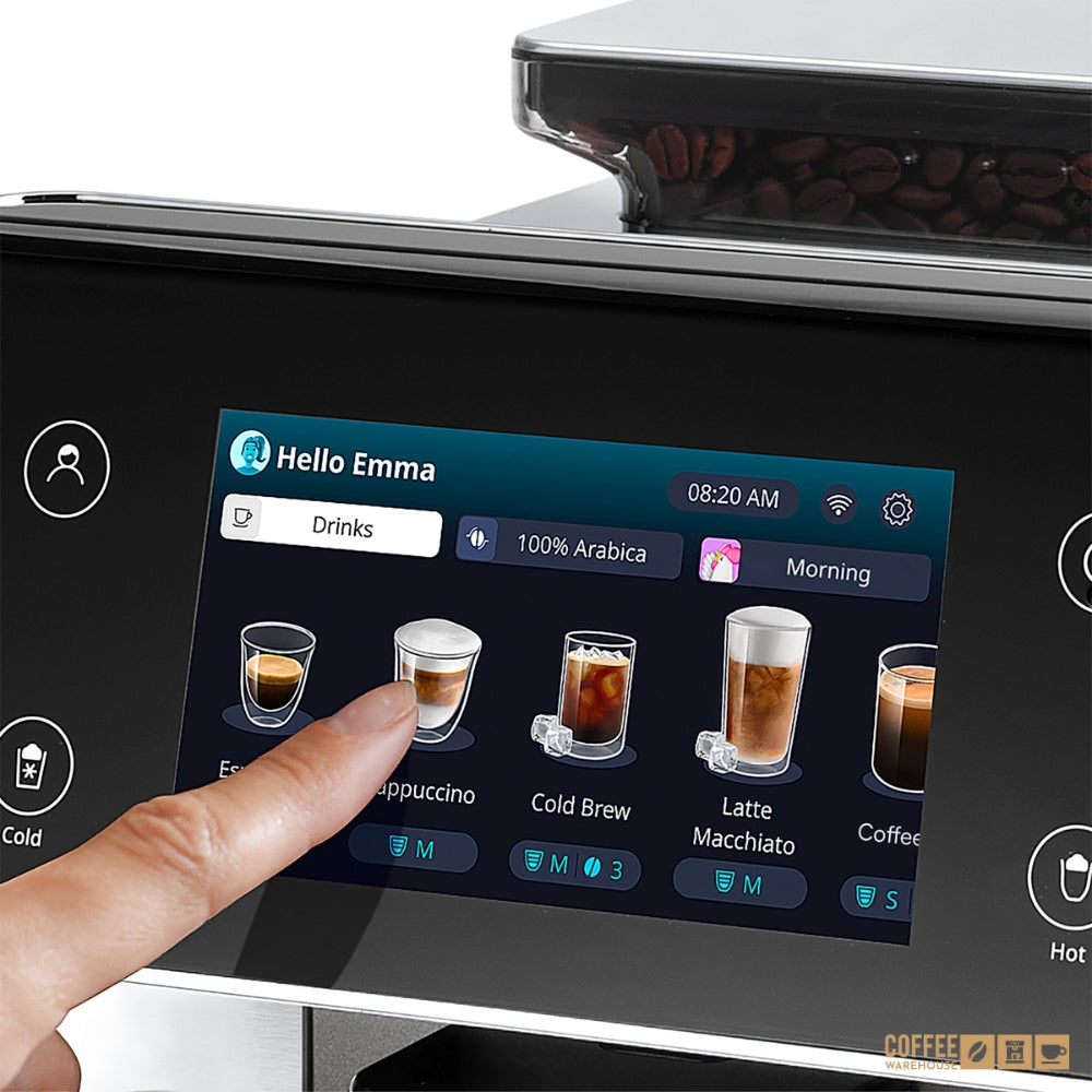 DeLonghi PrimaDonna Aromatic screen showing profile, recepies and type of coffee
