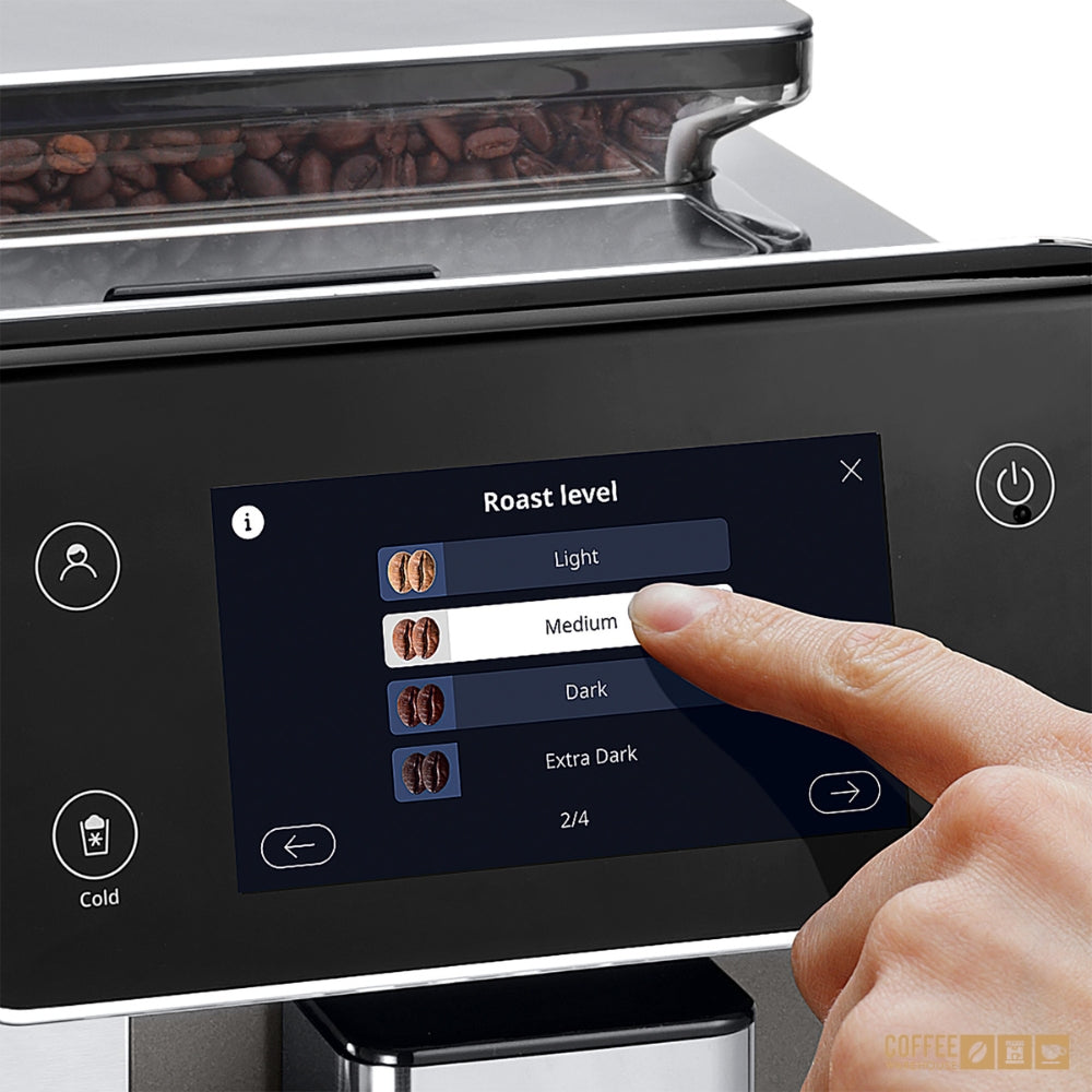 DeLonghi PrimaDonna Aromatic 5 inch touch screen showing roast level