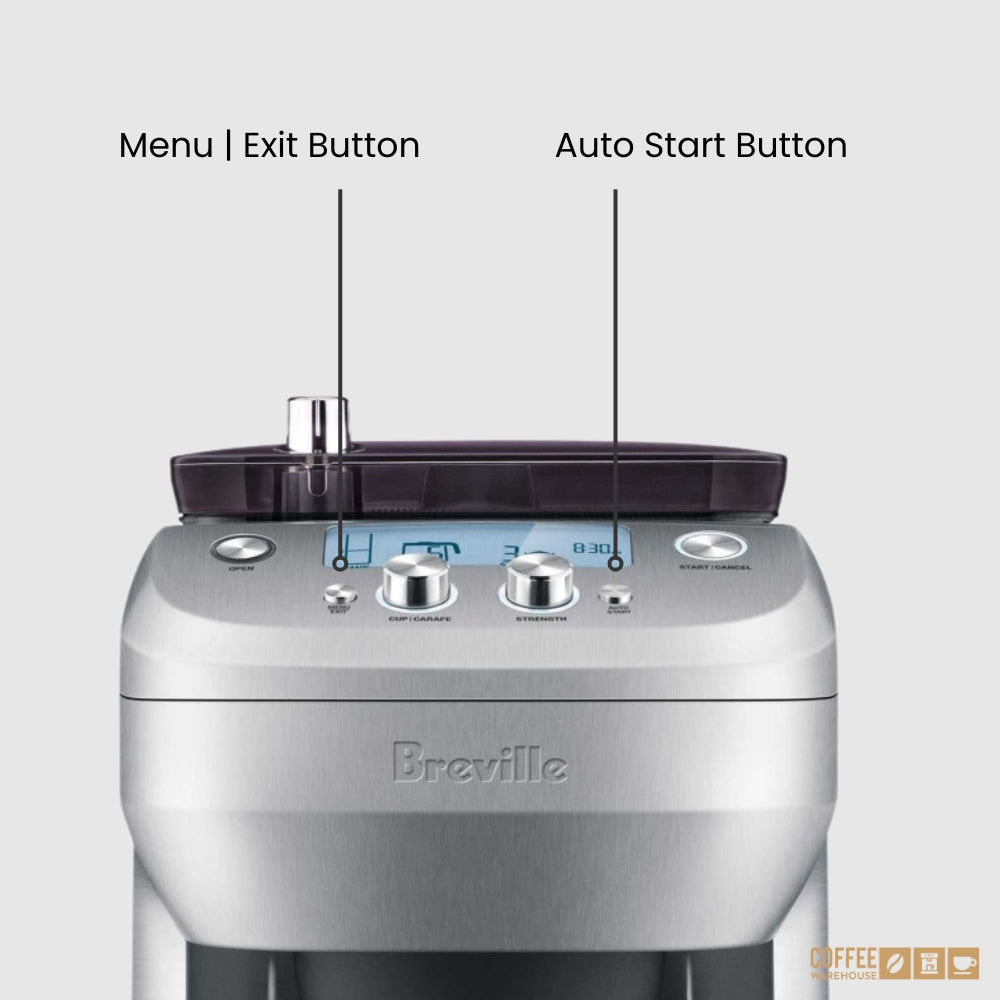 Breville the Grind Control™ buttons explanied. From left to right: 1. Open Button  2. Menu/ Exit Button 3. Cup/Carafe Button 4. Strength Button 5. Auto Start Button 6. Start/ Cancel Button