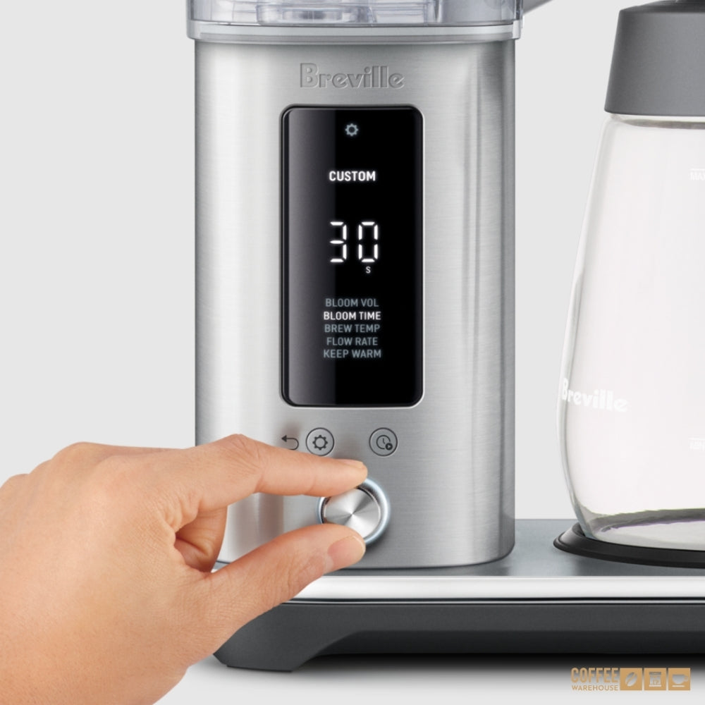 Breville coffee maker Select dial showing settings like Bloom vol, Bloom Time, Brew Temp, Flow Rate, Keep Warm