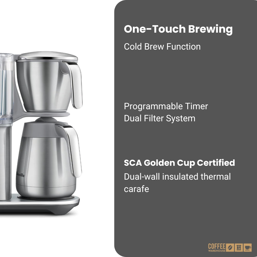 Breville Luxe Brewer Thermal features including one-touch brewing, cold brew, programmable timer, and dual filter system