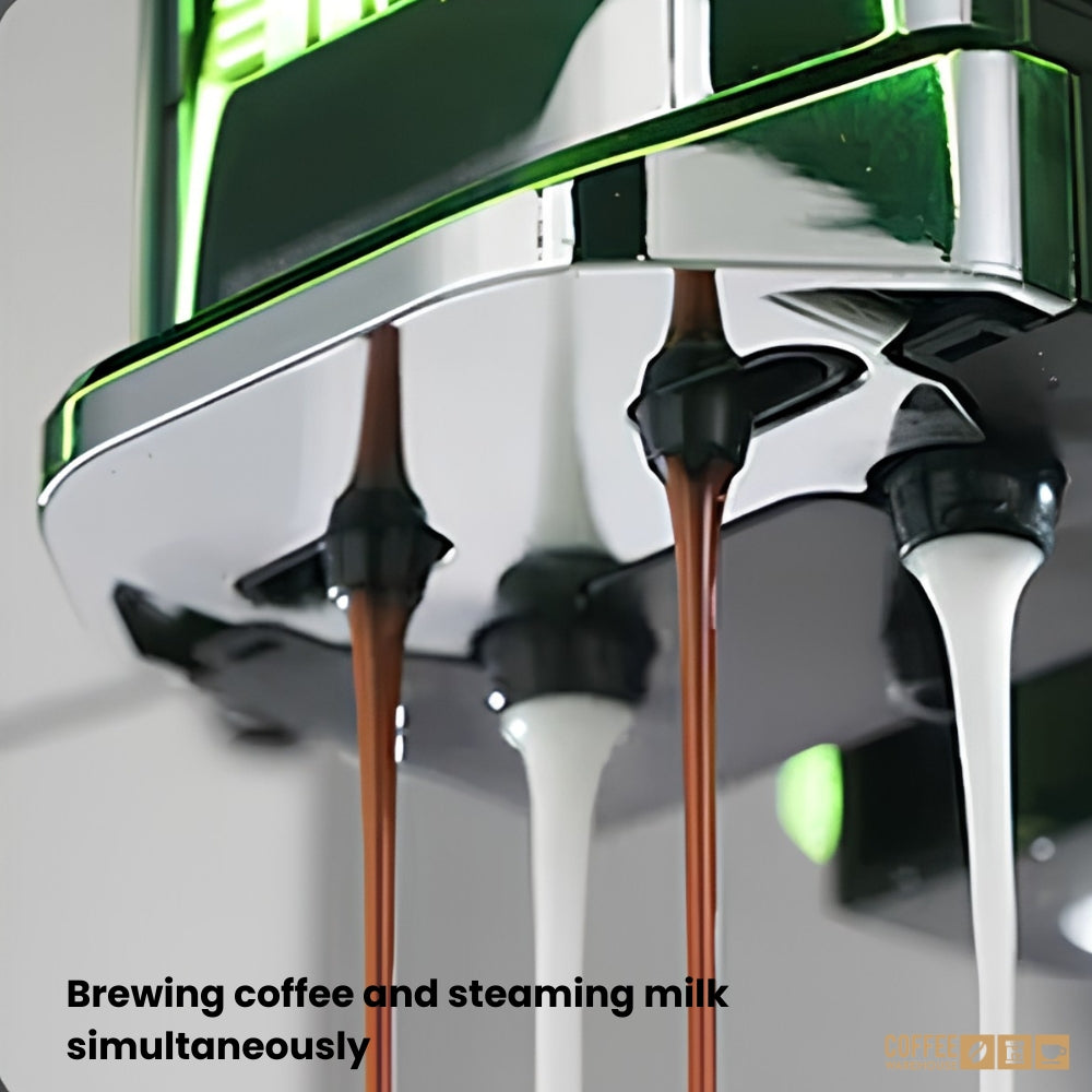 E.D. Barista Pro + Milk Fridge is brewing coffee and steaming milk simultaneously