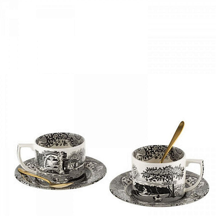 Spode - Black Italian Tea Cup & Saucer 10oz With Spoon (Set of 2)